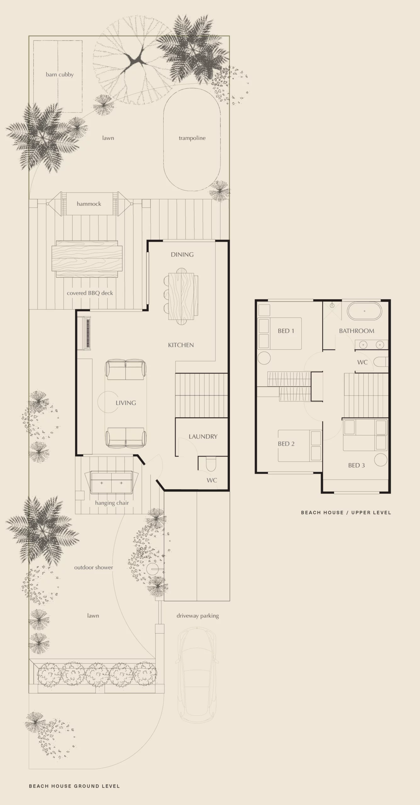 Sea Notes Beach House Floor plan drawings of the entire house and private grounds.